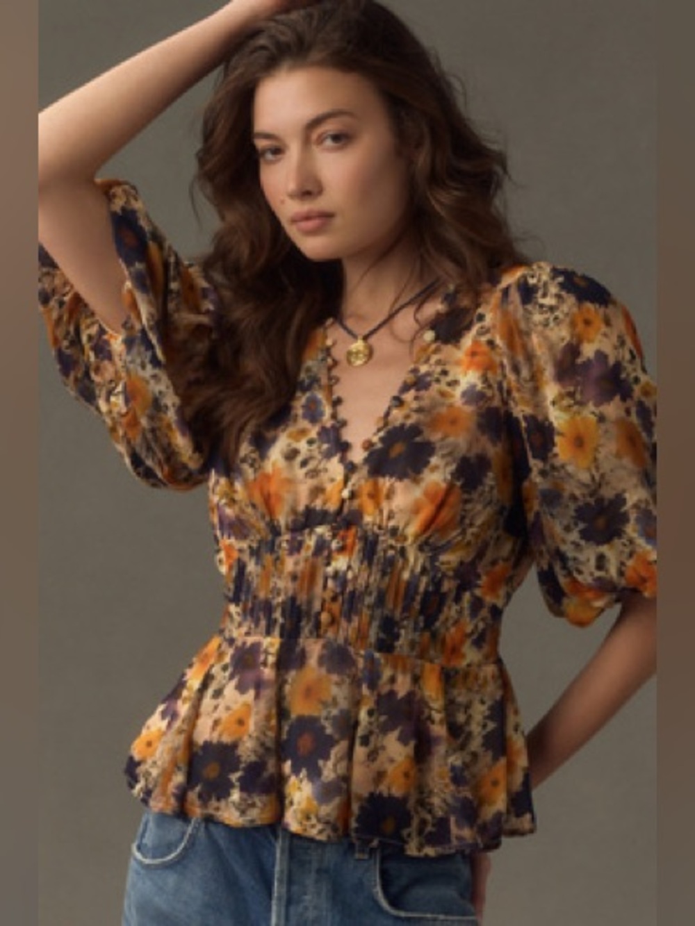 Anthropologie Sheer Peplum Blouse Purple Print Size M